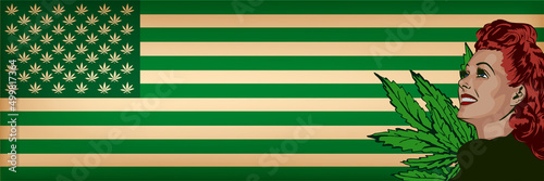 Girl smile. Usa flag with cannabis leaf