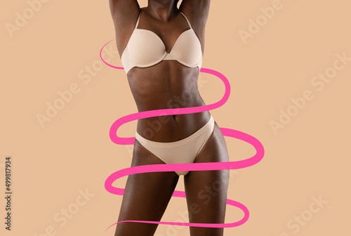 Cropped of black woman in underwear posing over beige, collage
