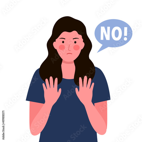 Woman with hand gesturing no or stop sign in flat design. No means no concept.
