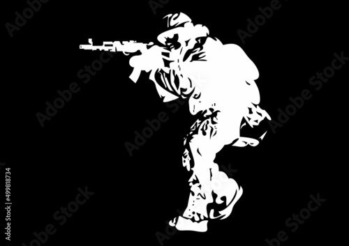 Soldier standing and ready to open fire from rifle gun, isolated symbol. © nikvector