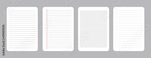 Set of realistic vector illustration of blank sheets of square and lined paper from a block isolated on a gray background