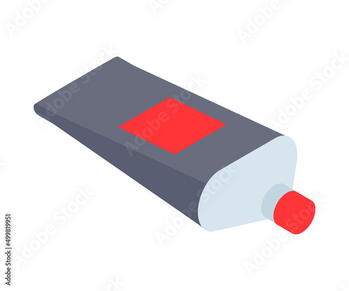 Gray plastic tube with red cover label and lid lying down isometric vector illustration. Cosmetic beauty packaging, toothpaste, health care hydration cream hygienic product for face, skin, body, hair