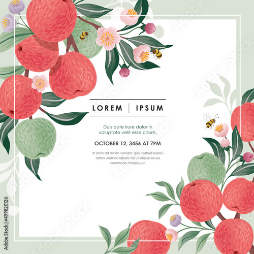  Vector illustration of a frame with apple fruits and flowers. 