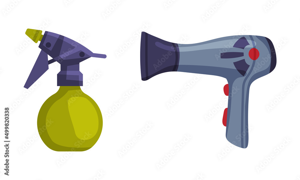 Hairdryer and spray bottle. Professional hairdresser tools and barber supplies set. cartoon vector illustration
