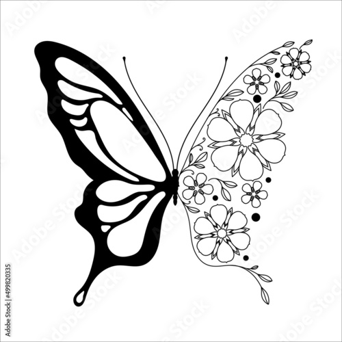 drawing butterfly and flowers, line art vector monochrome illustration isolated on white