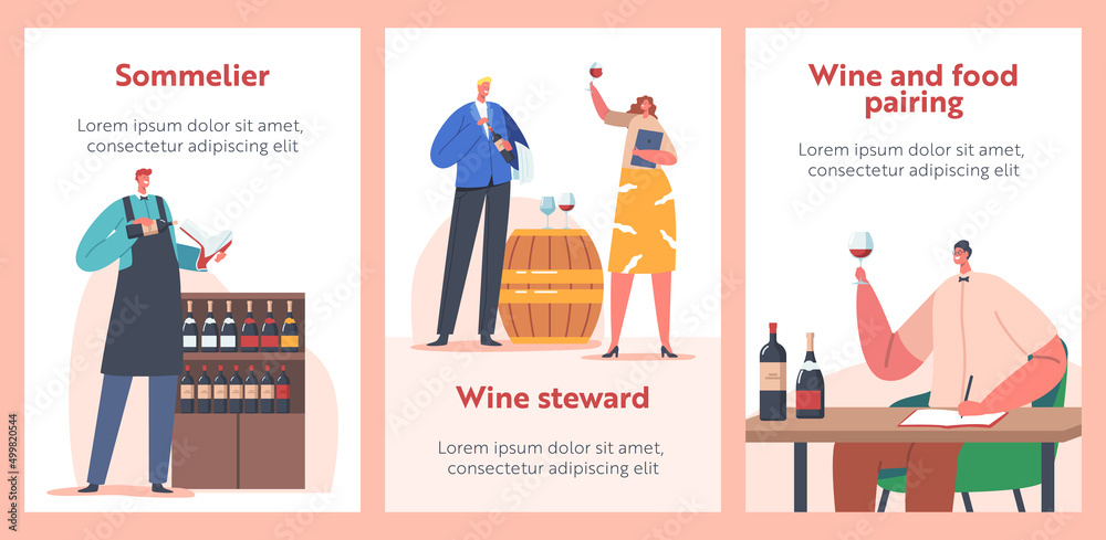 Sommelier or Stewards Wine Degustation Banners. Restaurant Expert Characters Serving Drinks, Provide Wine Service