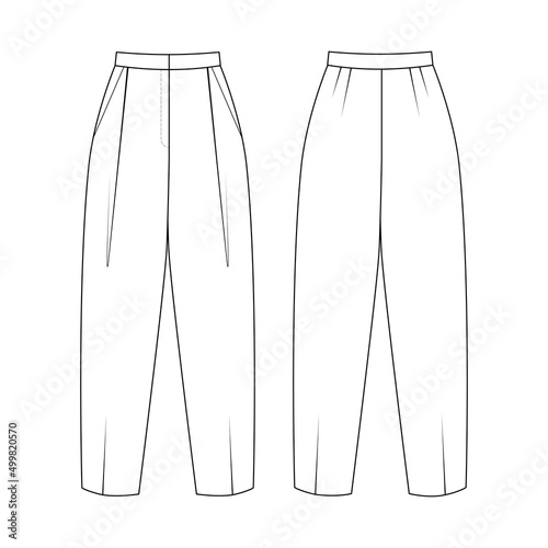 Fashion technical drawing of balloon tapered trousers. Pants fashion flat sketch