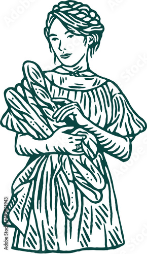 vintage illustration of beautiful woman holding bread