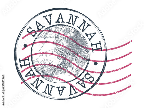 Savannah, GA, USA Stamp Map Postal. Silhouette Seal Roads and Streets. Passport Round Design. Vector Icon. Design Retro Travel National Symbol.