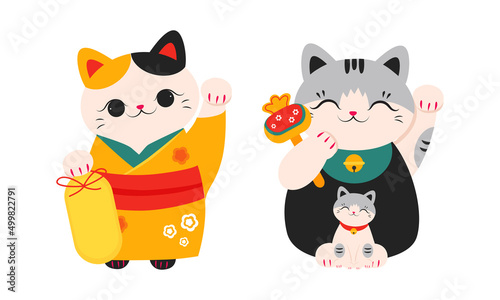 Cute Maneki Neko, Japanese lucky cats. Feng Shui, fortune, folklore symbol cartoon vector illustration
