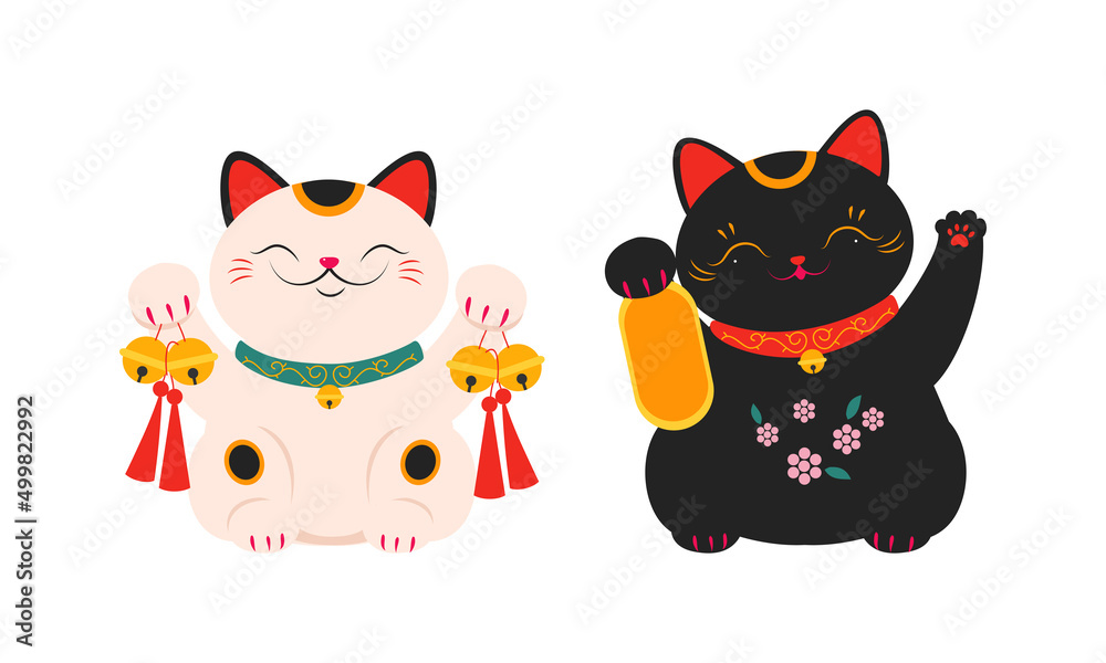 White and black Maneki Neko, Asian lucky cat set. Feng Shui, fortune, folklore toy cartoon vector illustration