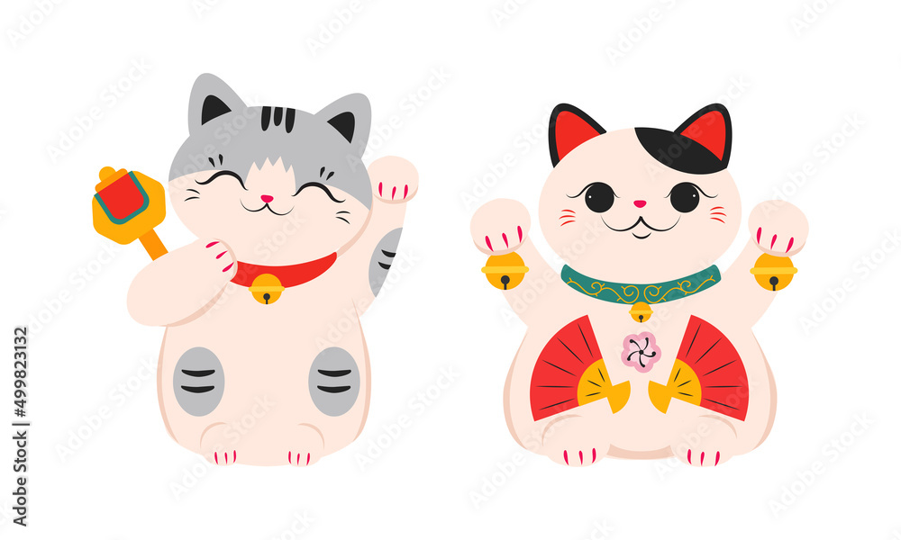 White Maneki Neko, Asian lucky cats set cartoon vector illustration White Maneki Neko, Asian lucky cats set cartoon vector illustration
