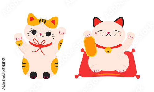 White Maneki Neko, cute Asian lucky cats set. Fortune, folklore toy cartoon vector illustration