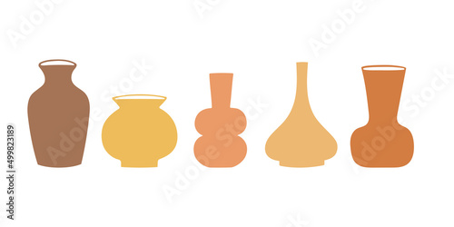 Set of clay pottery, ceramic pots, vases in pastel colors. Decorative elements collection of vases. Isolated vector illustration