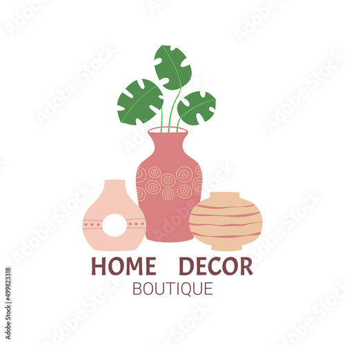 Home decor boutique logo design template. Set of clay pottery, ceramic pots, vases in pink colors. Isolated vector illustration