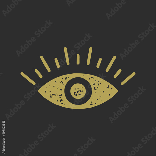 Minimalist esoteric simple logo golden hand drawn all seeing eye with lashes eyeball grunge texture