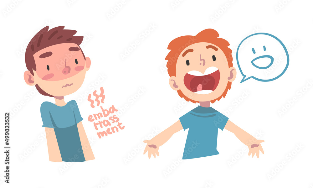 Emotional children set. Cute little boys feeling embarrassed and joyful cartoon vector illustration Emotional children set. Cute little boys feeling embarrassed and joyful cartoon vector illustration