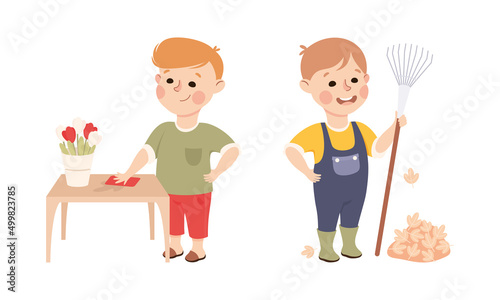 Kids doing household chores set. Cute boys wiping dust from table and raking leaves cartoon vector illustration