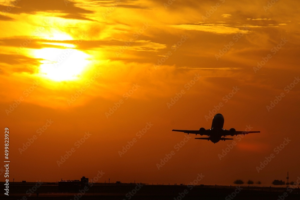 airplane landing at sunset