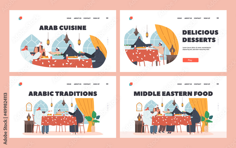 Arabian Food Landing Page Template Set. Traditional Arab Family Characters Eating Dinner Sitting Together at Table Arabian Food Landing Page Template Set. Traditional Arab Family Characters Eating Dinner Sitting Together at Table
