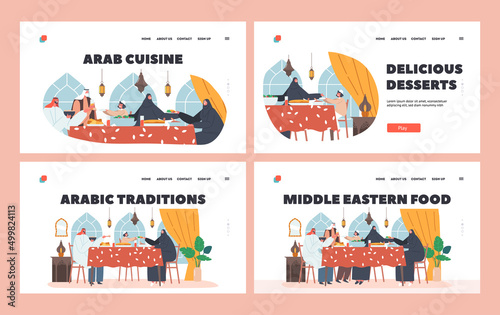 Arabian Food Landing Page Template Set. Traditional Arab Family Characters Eating Dinner Sitting Together at Table