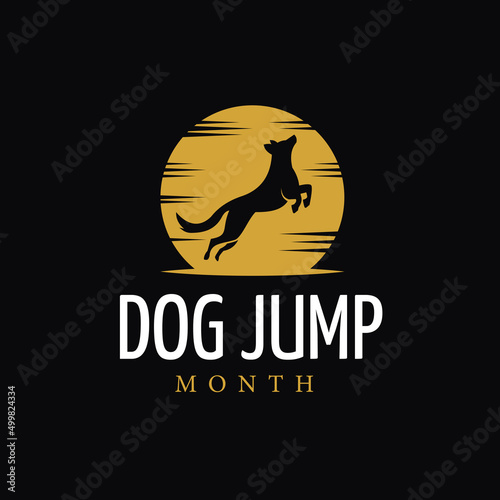 Dog silhouette logo design jumping on bright moon background, symbol, icon, design template