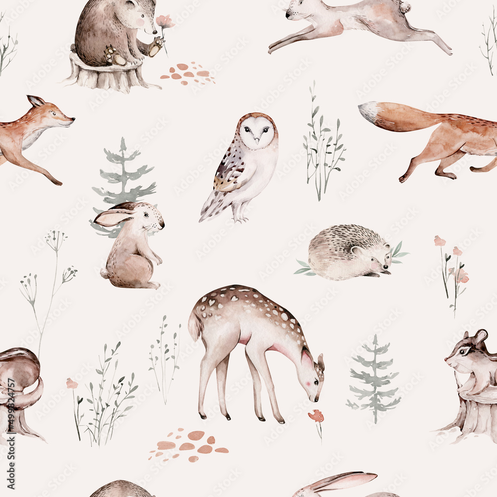 Fototapeta premium Watercolor Woodland animal Scandinavian seamless pattern. Fabric wallpaper background with Owl, hedgehog, fox and butterfly, rabbit forest squirrel and chipmunk, bear and bird baby animal,