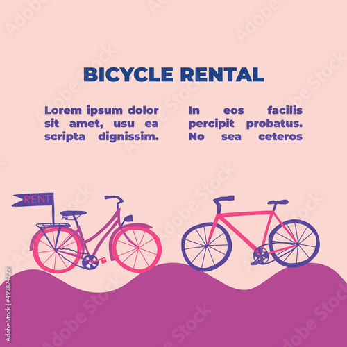Vector illustration of bicycle rental. Men's and woman's bikes against each other.  Bike equipment for the whole family. Hand drawn illustration. 