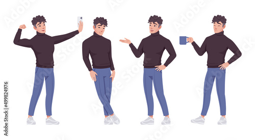 Office worker set, young businessman, male employee standing positive emotions. Brunette smart tall boy in formal wear. Vector flat style cartoon character isolated, white background, different poses