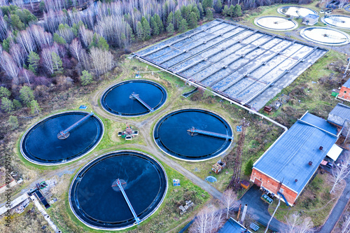 Treatment facilities. A group of radial sedimentation tanks. View from above