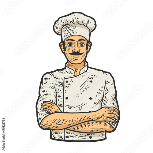 chef man in chef hat toque line art color sketch engraving vector illustration. T-shirt apparel print design. Scratch board imitation. Black and white hand drawn image.