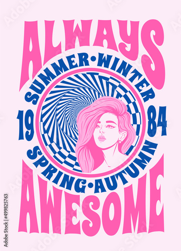 print on a T-shirt with an optical illusion and a girl in the style of the 80s