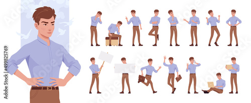 Young businessman, manager character set, corporate business bundle, different poses, gestures, emotions, various office situations. Vector flat style cartoon character isolated on white background
