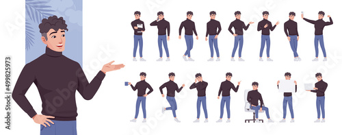 Young smart businessman, manager character set, corporate business bundle, different poses, gestures, emotions, various office situation. Vector flat style cartoon character isolated, white background photo