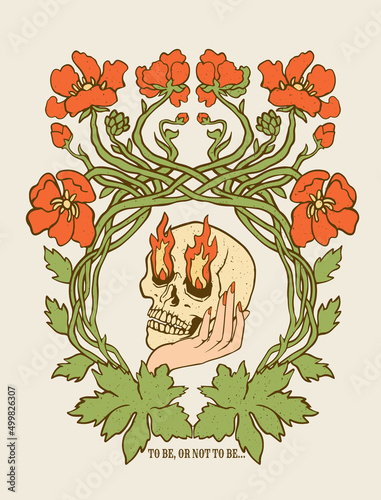 a skull in a hand with fiery eyes, flowers and an inscription to be or not to be,