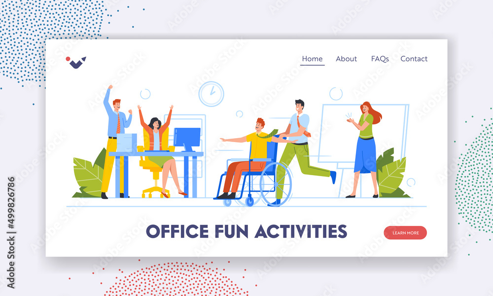 Office Fun Activities Landing Page Template. Business People Fooling, Rolling Disabled Colleague Sitting at Wheelchair