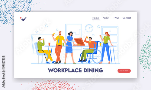 Workplace Dining Landing Page Template. Business Team Eating Pizza in Office together with Disabled Colleague