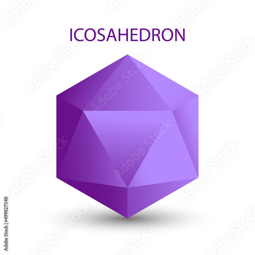 Illustration of a purple icosahedron on a white background with a gradient for game, icon, packagingdesign, logo, mobile, ui, web. Platonic solid. Minimalist style.