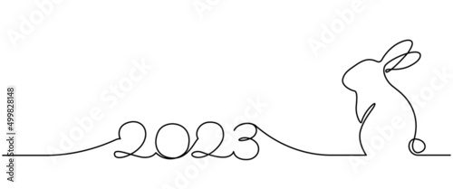 Continuous one line drawing of Bunny symbol of 2023 year. Fluffy rabbit silhouette in simple linear style for winter design greeting card and web banner. Editable stroke. Doodle Vector illustration