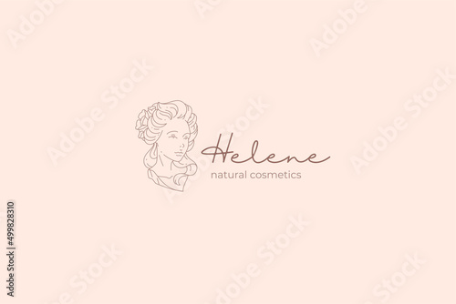 Elegant medieval lady monochrome bust silhouette antique hairstyle flower line art logo vector