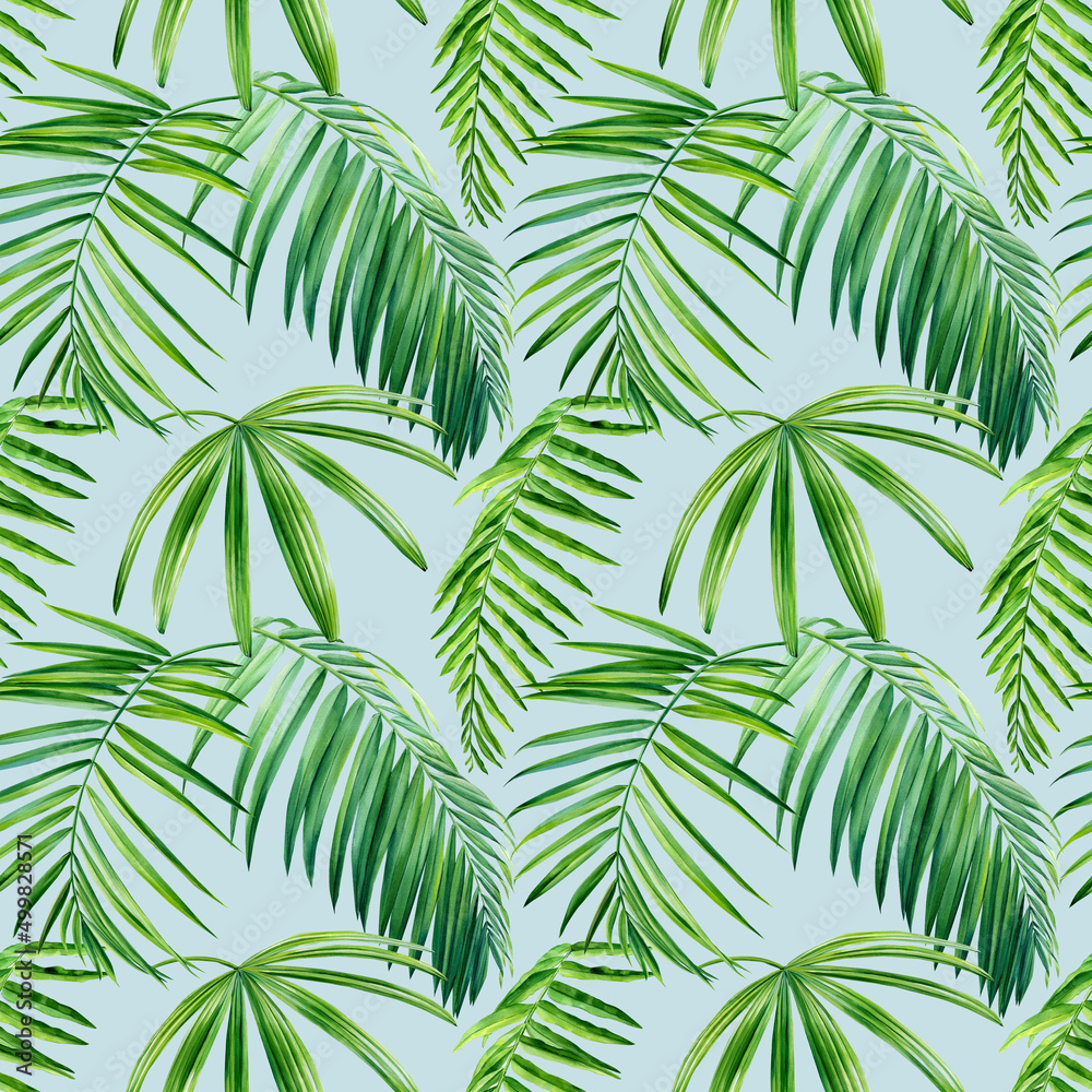 Palm leaves on blue background, tropical plants watercolor botanical illustration. Seamless patterns.