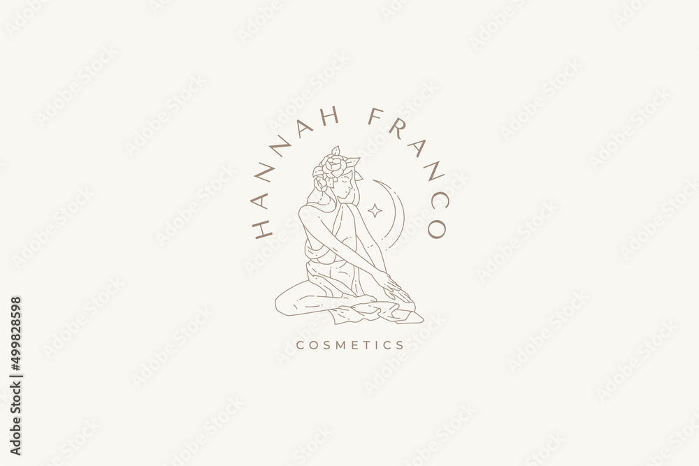Mythical medieval woman with flower in hair sitting at half moon stars minimalist logo vector Mythical medieval woman with flower in hair sitting at half moon stars minimalist logo vector
