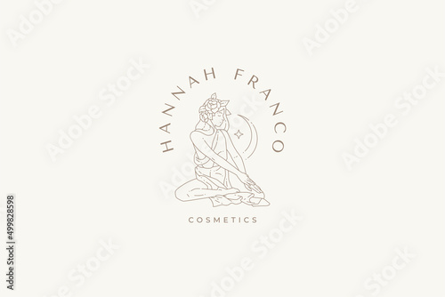 Mythical medieval woman with flower in hair sitting at half moon stars minimalist logo vector