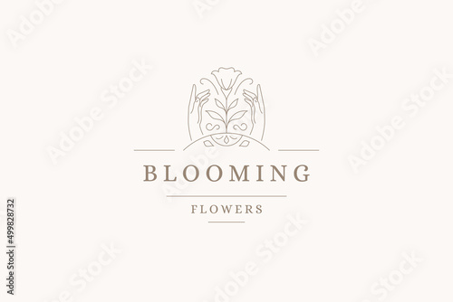 Elegant human hands with spring blooming narcissus wild rural flower line logo vector