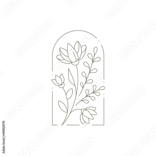 Romantic nature flower plant with buds, stem, leaves at antique arch frame decorative design vector
