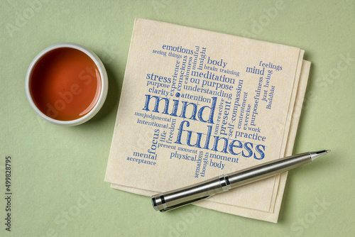 mindfulness word cloud on a napkin, flat lay with a cup of tea, awareness and lifestyle concept