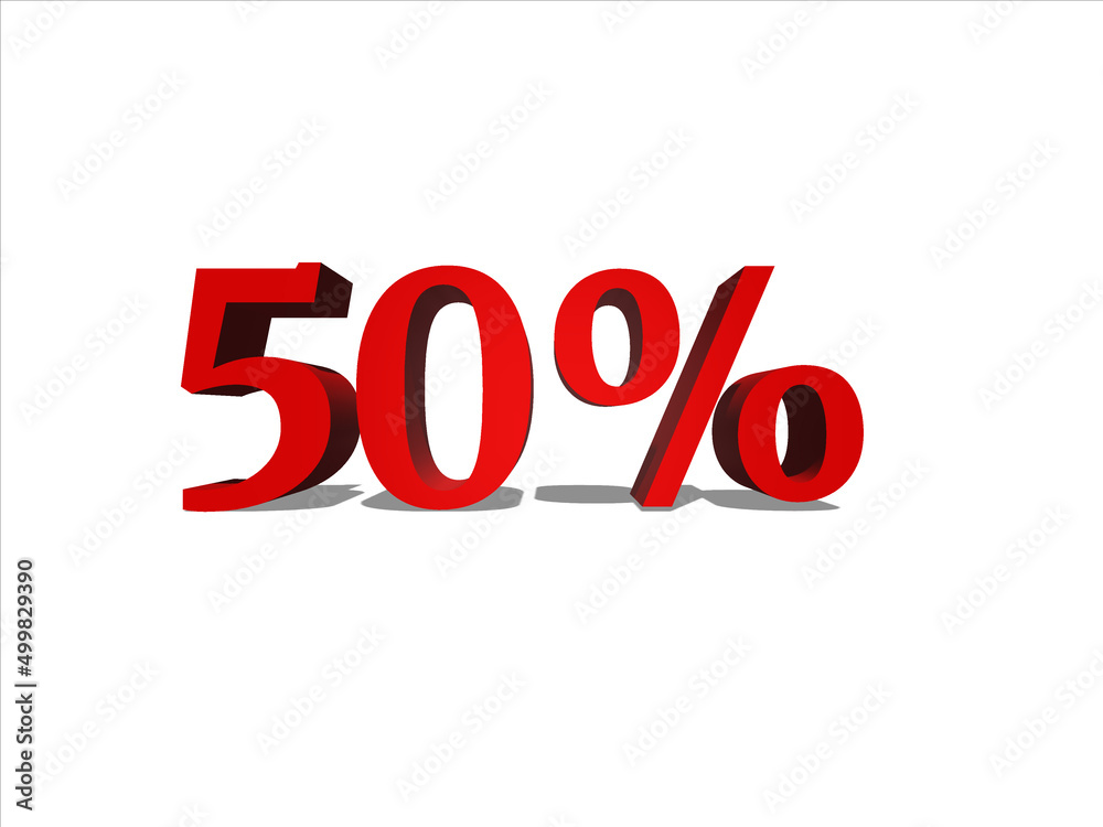 Sale 50%. 50 percent discount text on white background, banner. 3d illustration
