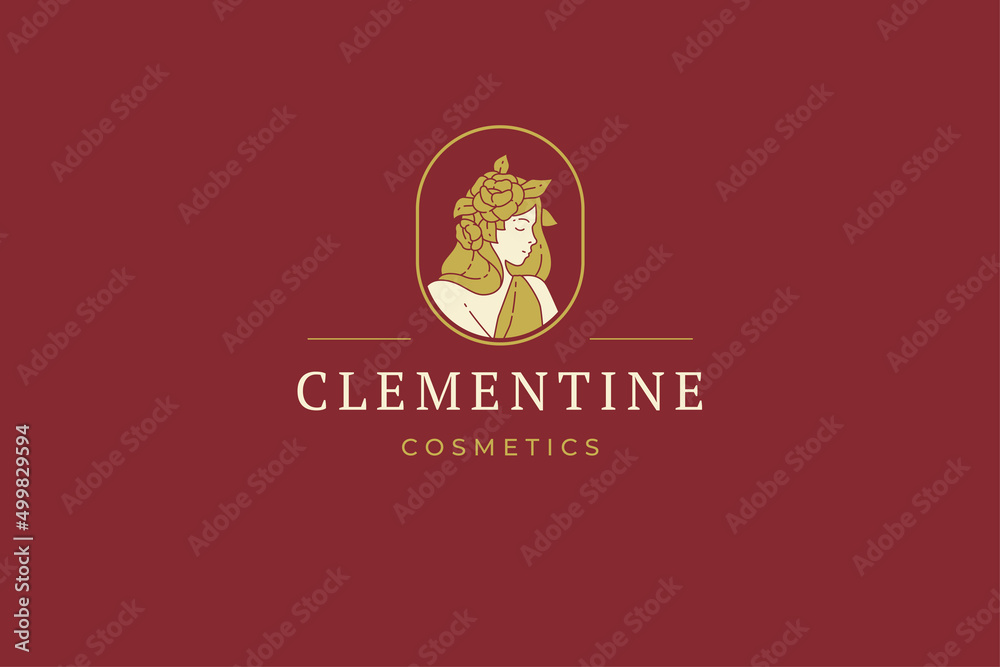 Ancient fashion female with floral bloom wreath circle golden frame branding corporate logo vector Ancient fashion female with floral bloom wreath circle golden frame branding corporate logo vector