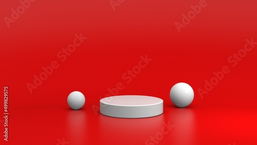 white podium 3d render product display stand blank set cylinder sphere shape minimal red background