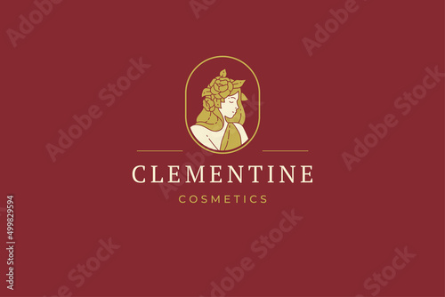 Ancient fashion female with floral bloom wreath circle golden frame branding corporate logo vector